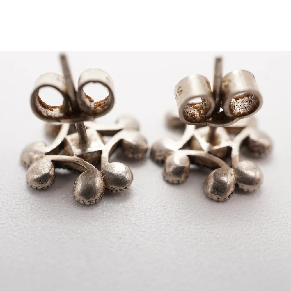 Vintage Sterling Silver Geometric Floral Stud Earrings Beaded Boho Snowflake